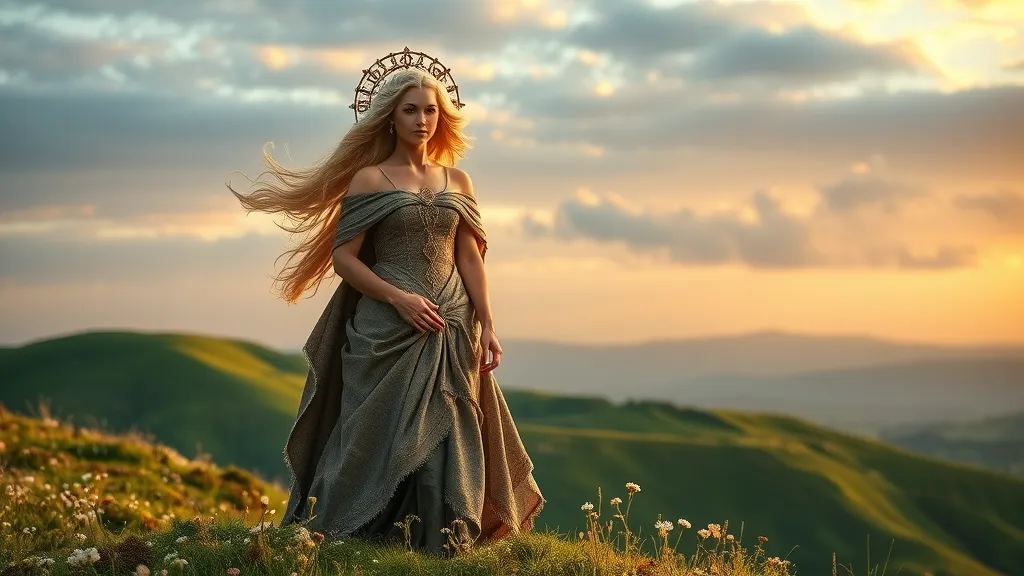 Regal Celtic goddess, aine of knockaine, standing on ancient Irish hill with radiant sun rays and wildflowers