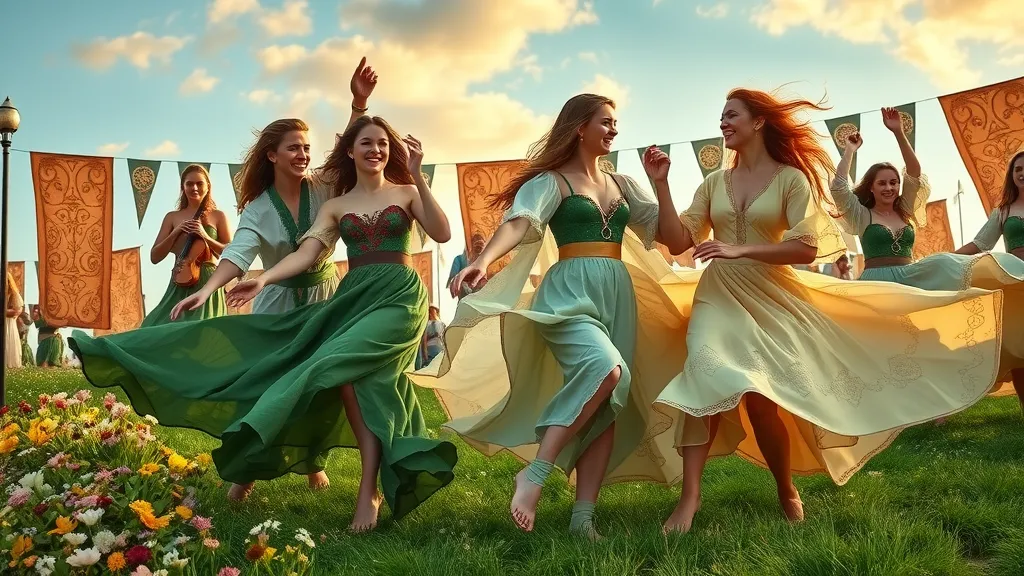 People in Celtic attire dancing at Knock Áine festival, celebrating aine of knockaine