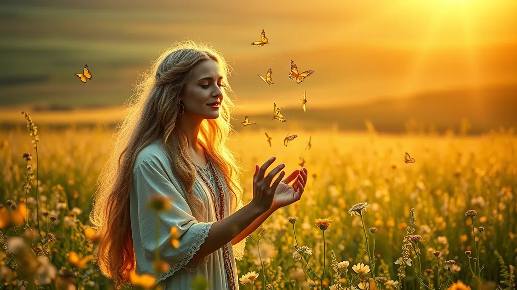 Aine standing in Irish fields, goddess of love, summer abundance, butterflies, magical sunrise