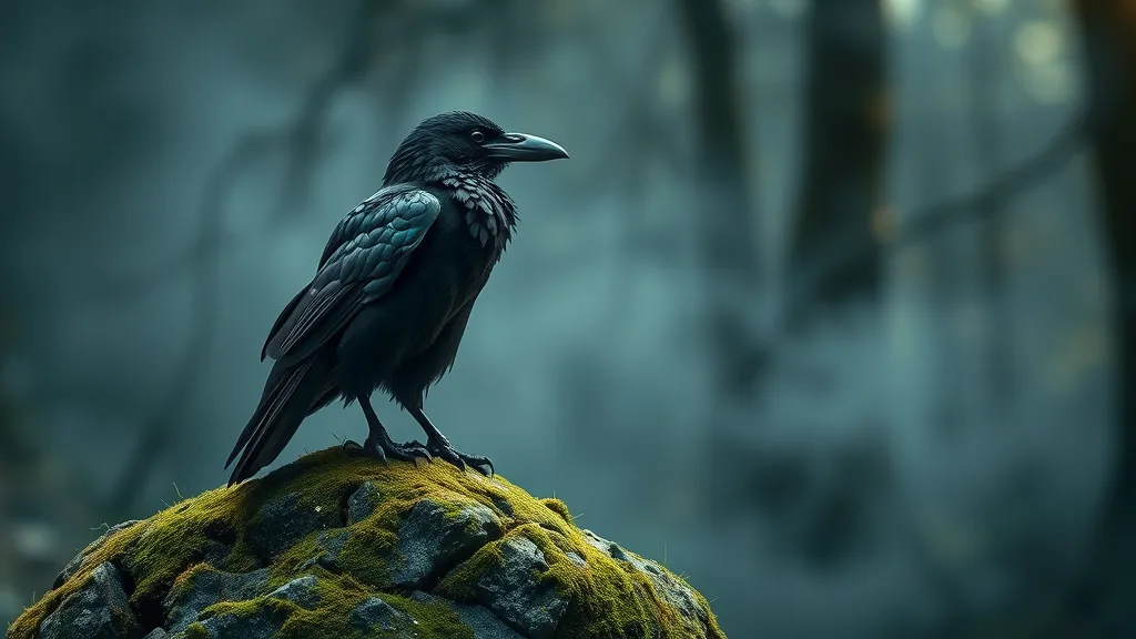 mystical Celtic raven perched on an ancient moss-covered stone in a twilight forest setting, celtic raven folklore: tales of magic and wisdom 