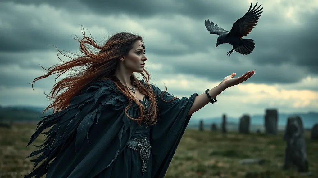 Celtic goddess Morrigan in a feathered cloak 